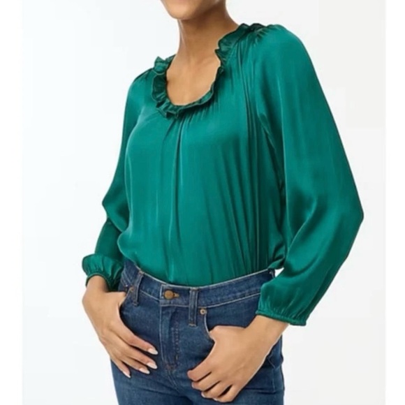 J. Crew Tops - J. Crew Womens Ruffle Neck Blouse S Petite Green Satin Workwear Office Feminine